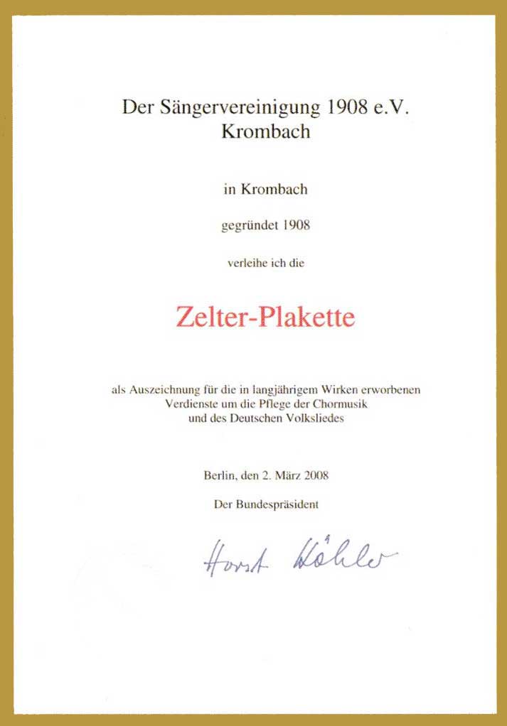 Verleihung Zelter-Plakette von Bundespräsident Horst Köhler.